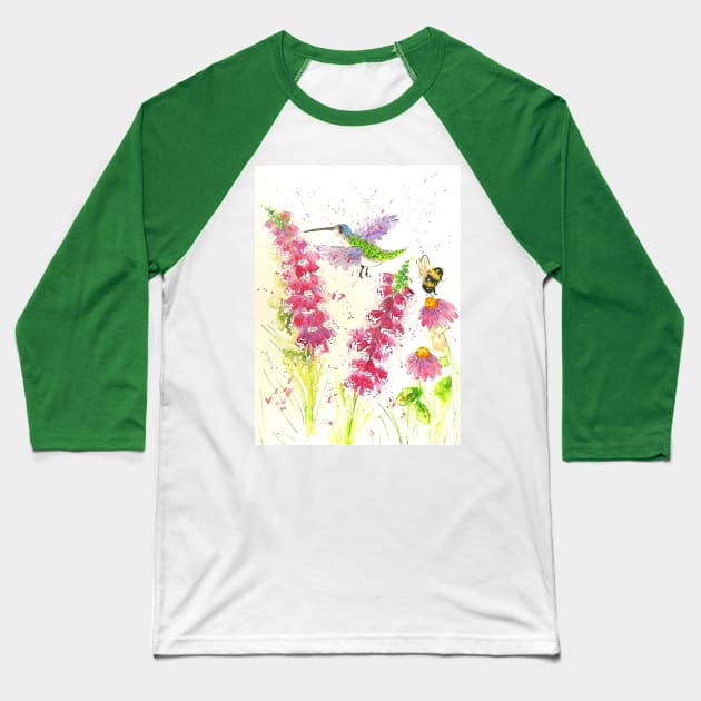 Colourful Hummingbird and a Bumblebee among Pink Flowers Baseball T-Shirt by Casimirasquirkyart